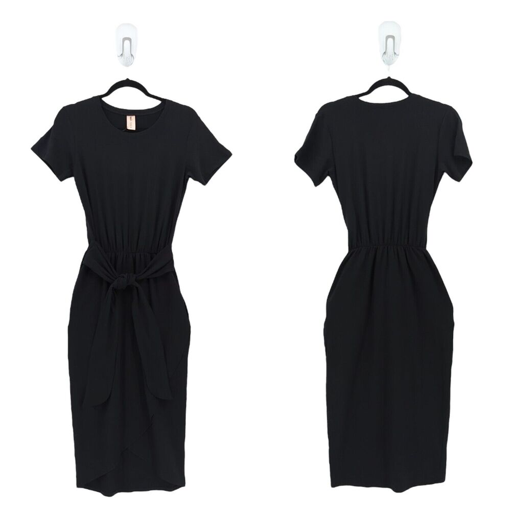 Smash + Tess Women 2XS Rebecca Dress Midnight Black Midi Tie Pockets Crewneck